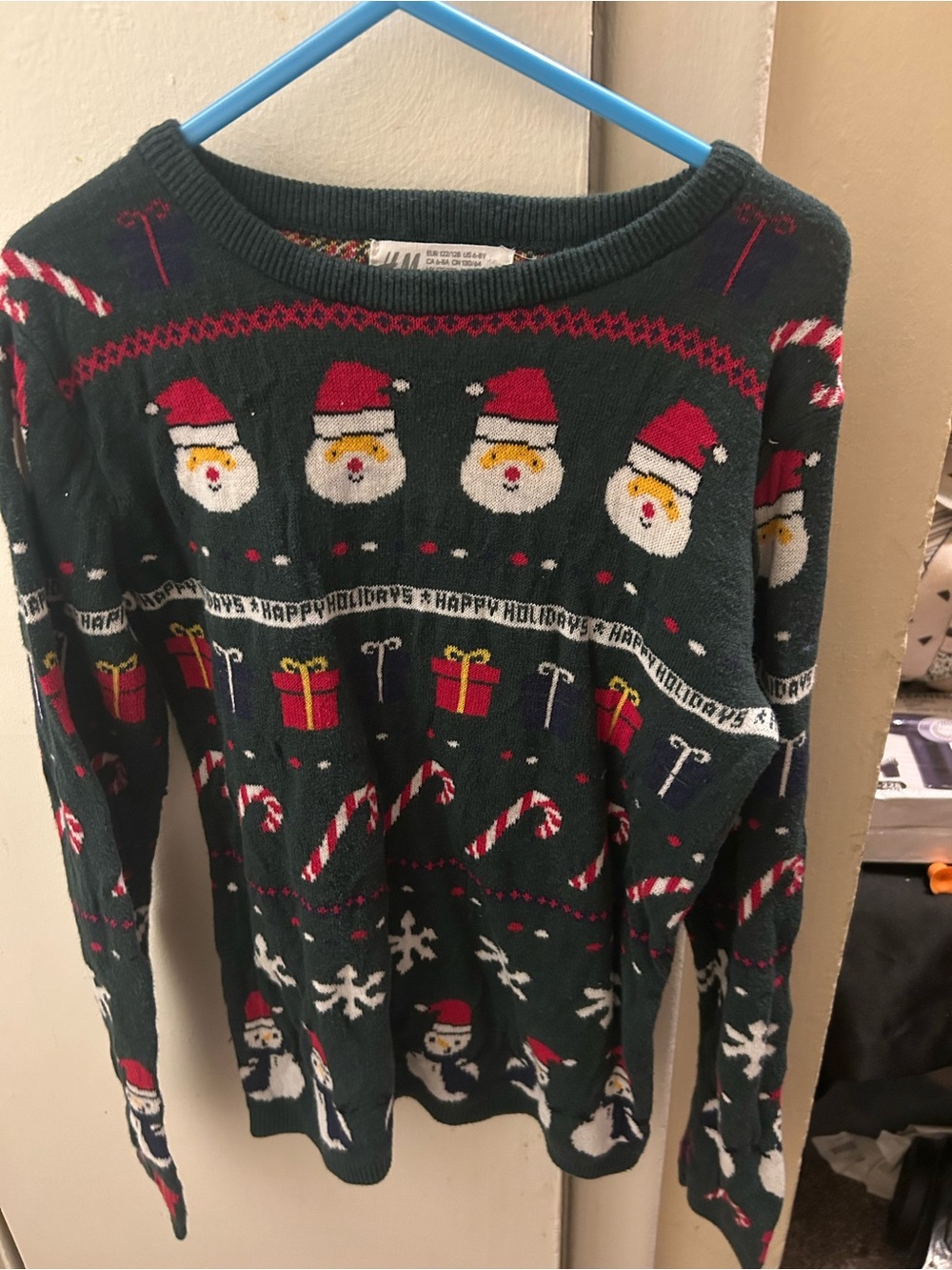 H&M Dark Green Santa & Candy Cane Crewneck Holiday Sweater